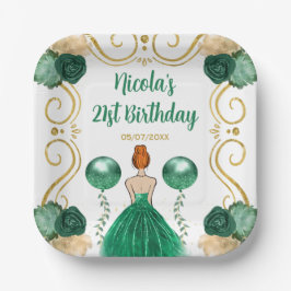 バースデーパーティレッドヘアプリンセスイン緑 ペーパープレート