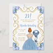 バースデーパーティレッドヘアプリンセスイン青 招待状 (正面)