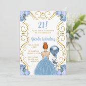 バースデーパーティレッドヘアプリンセスイン青 招待状 (スタンド正面)