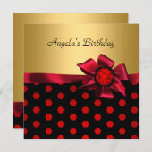 バースデーパーティレッドボウ金ゴールドブラック金ゴールドスポット 招待状 (正面/裏面)