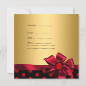 バースデーパーティレッドボウ金ゴールドブラック金ゴールドスポット 招待状 (裏面)