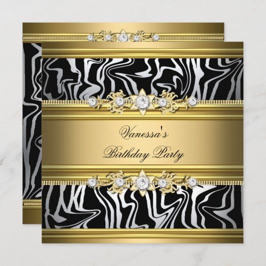 バースデーパーティワイルドアニマルプリント金ゴールド白黒 招待状 (正面/裏面)