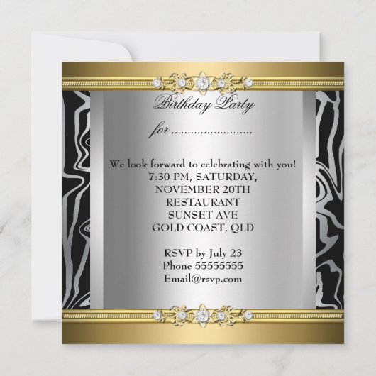バースデーパーティワイルドアニマルプリント金ゴールド白黒 招待状 (裏面)