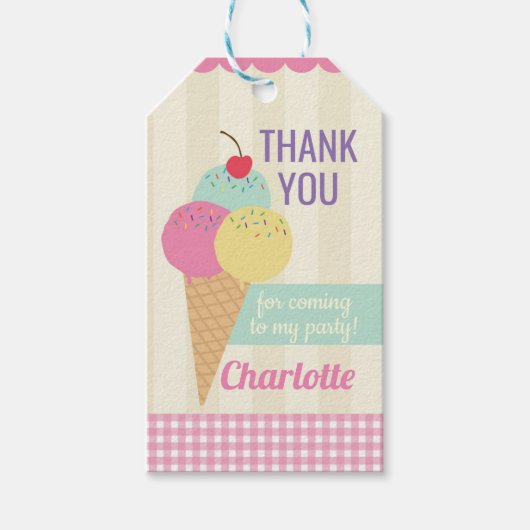 バースデーパーティーありがとうラベルアイスクリームピンク ギフトタグ (正面)
