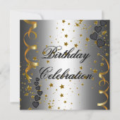 バースデーパーティーお祝いシルバーブラック金ゴールドスター 招待状 (正面)