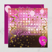 バースデーパーティーお祝いピンクライト金ゴールドスター 招待状 (正面/裏面)