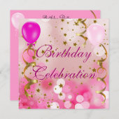 バースデーパーティーお祝いピンク金ゴールドスターズバルーン 招待状 (正面/裏面)