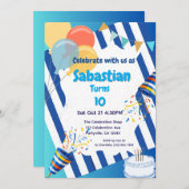 バースデーパーティーお祝いブルー 招待状 (正面/裏面)