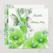 バースデーパーティーかわいらしグリーンフローラホワイトバタフライ 招待状 (正面/裏面)