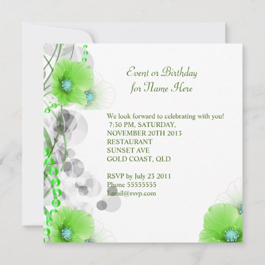 バースデーパーティーかわいらしグリーンフローラホワイトバタフライ 招待状 (裏面)