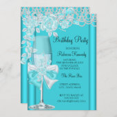 バースデーパーティーかわいらしティール(緑がかった色)ブルーバラシャンパン2 招待状 (正面/裏面)