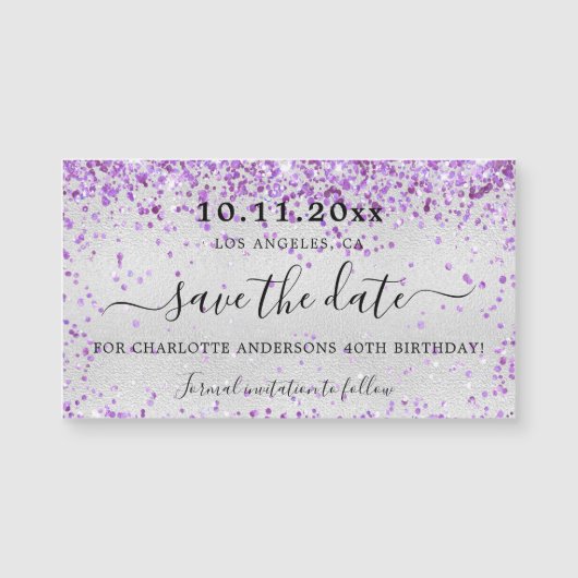 バースデーパーティーのシルバーバイオレットは日付の磁石を保存 (正面)