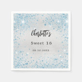 バースデーパーティーのシルバーブルーグリッター名 スタンダードカクテルナプキン (正面)
