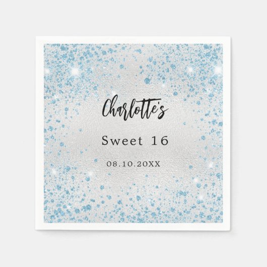 バースデーパーティーのシルバーブルーグリッター名 スタンダードカクテルナプキン (正面)