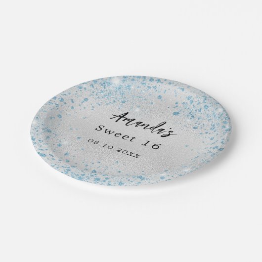 バースデーパーティーのシルバーブルーグリッター名 ペーパープレート (アングル)