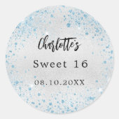 バースデーパーティーのシルバーブルーグリッター名 ラウンドシール (正面)