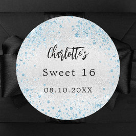 バースデーパーティーのシルバーブルーグリッター名 ラウンドシール