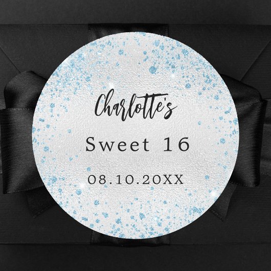 バースデーパーティーのシルバーブルーグリッター名 ラウンドシール