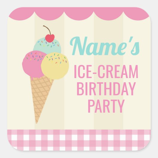 バースデーパーティーのシール付きアイスクリームピンクロリー スクエアシール (正面)