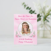 バースデーパーティーのピンクのポストカードを保存する ポストカード (スタンド正面)