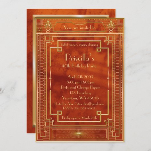 バースデーパーティーの女性、金ゴールドギャツビースタイル 招待状 (正面/裏面)