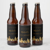 バースデーパーティーの都市スカイライン黒い金ゴールドモダンの男たち ビールラベル (ボトル)