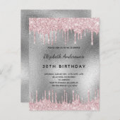 バースデーパーティーの銀のグリッタードリップピンクの招待状 ポストカード (正面/裏面)