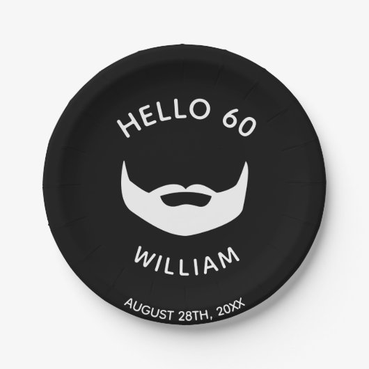 バースデーパーティーひげ白黒メンモノグラム ペーパープレート (正面)