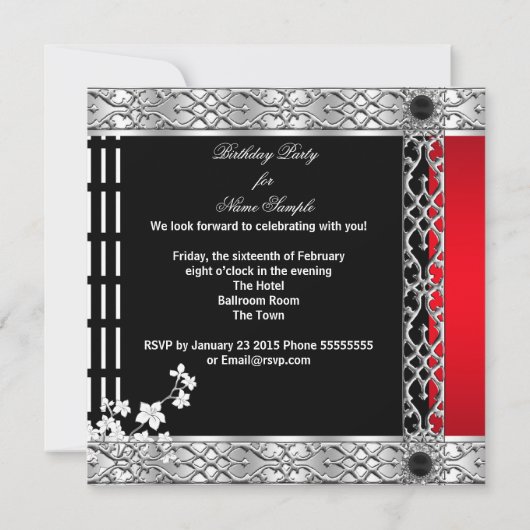バースデーパーティーアジアレッドブラックさくらんぼの花 招待状 (裏面)