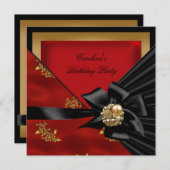 バースデーパーティーアジアンレッド金ゴールドブラックボウ 招待状 (正面/裏面)