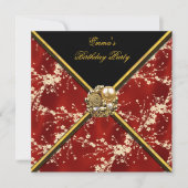 バースデーパーティーアジア赤金ゴールド黒花 招待状 (正面)