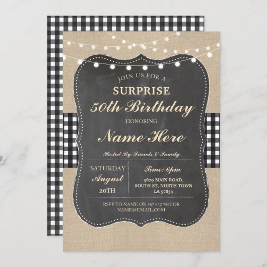 バースデーパーティーアニーエイジバ素朴ーラップ白黒 招待状 (正面/裏面)