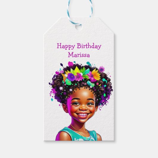バースデーパーティーアフリカンアメリカンパーソナライズされたガール ギフトタグ (正面)