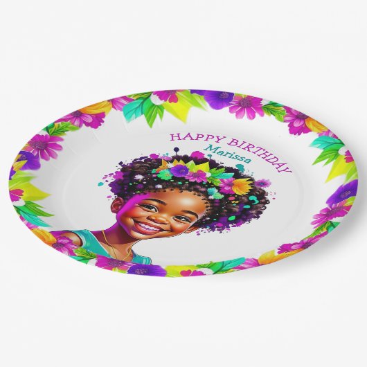 バースデーパーティーアフリカンアメリカンパーソナライズされたガール ペーパープレート (アングル)