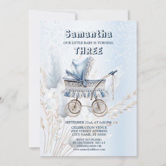 バースデーパーティーウォーターカラークラシックベビーベビーカー 招待状 (正面)