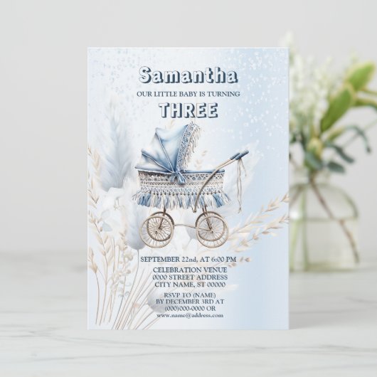 バースデーパーティーウォーターカラークラシックベビーベビーカー 招待状 (スタンド正面)