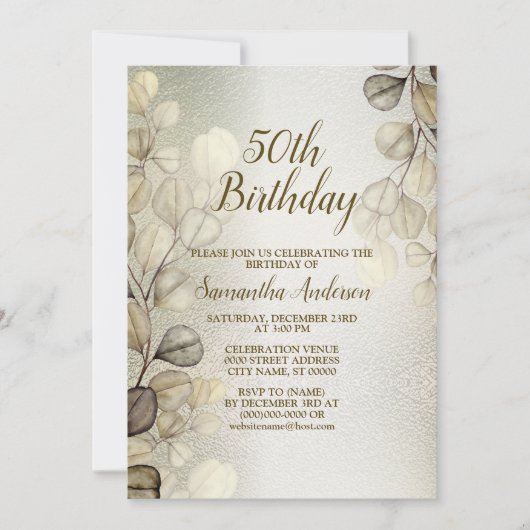 バースデーパーティーウォーターカラーゴールデンユーカリ光沢 招待状 (正面)