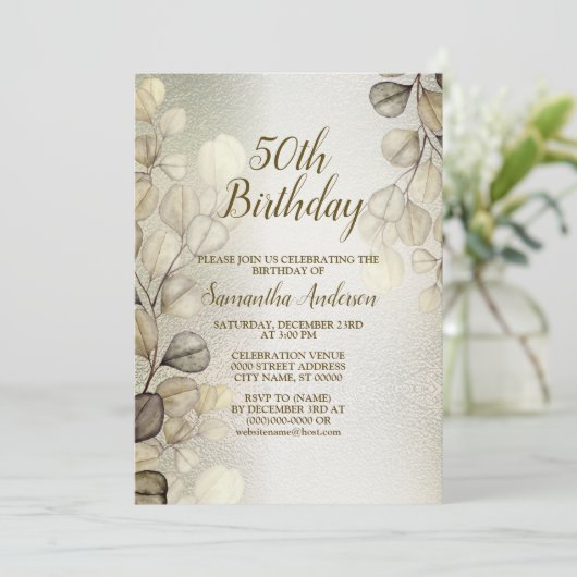 バースデーパーティーウォーターカラーゴールデンユーカリ光沢 招待状 (スタンド正面)