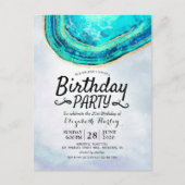 バースデーパーティーウォーターカラーティール（緑がかった色）&金ゴールドアゲートゲード インビテーションポストカード (正面)