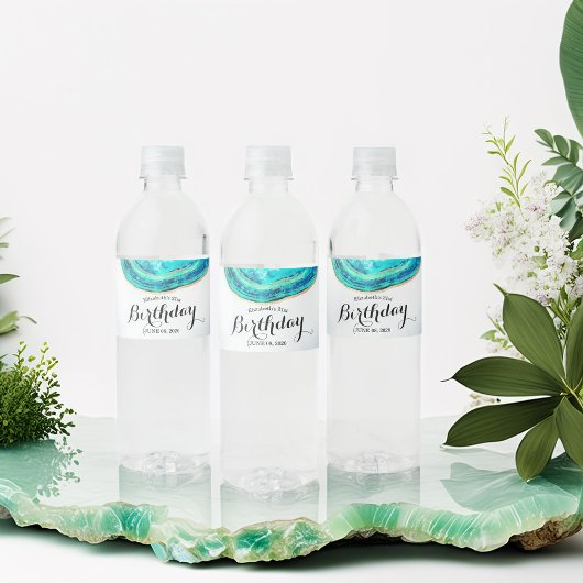 バースデーパーティーウォーターカラーティール（緑がかった色）&金ゴールドアゲートゲード ペットボトルラベル