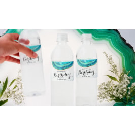 バースデーパーティーウォーターカラーティール（緑がかった色）&金ゴールドアゲートゲード ペットボトルラベル