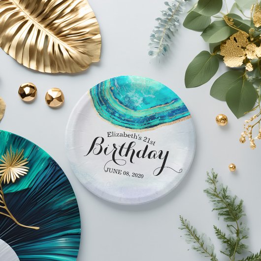 バースデーパーティーウォーターカラーティール(緑がかった色)&金ゴールドアゲートゲード ペーパープレート