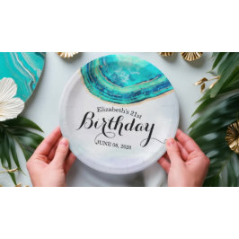 バースデーパーティーウォーターカラーティール（緑がかった色）&金ゴールドアゲートゲード ペーパープレート