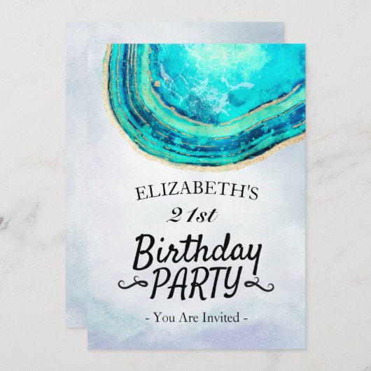 バースデーパーティーウォーターカラーティール(緑がかった色)&金ゴールドアゲートゲード 招待状 (正面/裏面)