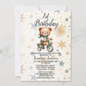 バースデーパーティーウォーターカラーテディベアグリーンバイク 招待状 (正面)