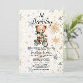 バースデーパーティーウォーターカラーテディベアグリーンバイク 招待状 (スタンド正面)