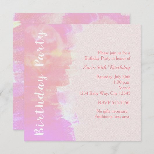 バースデーパーティーウォーターカラートロピカルピンク招待状 招待状 (正面/裏面)