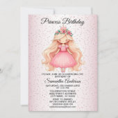 バースデーパーティーウォーターカラーピンクプリンセスかわいい 招待状 (正面)