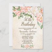 バースデーパーティーウォーターカラーピーチホワイトフラワー 招待状 (正面)