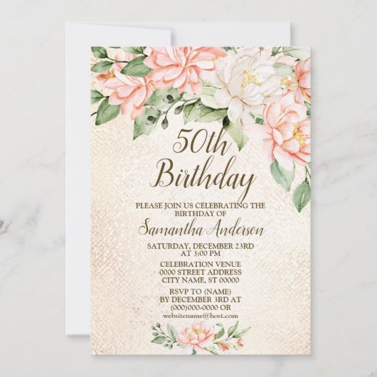 バースデーパーティーウォーターカラーピーチホワイトフラワー 招待状 (正面)